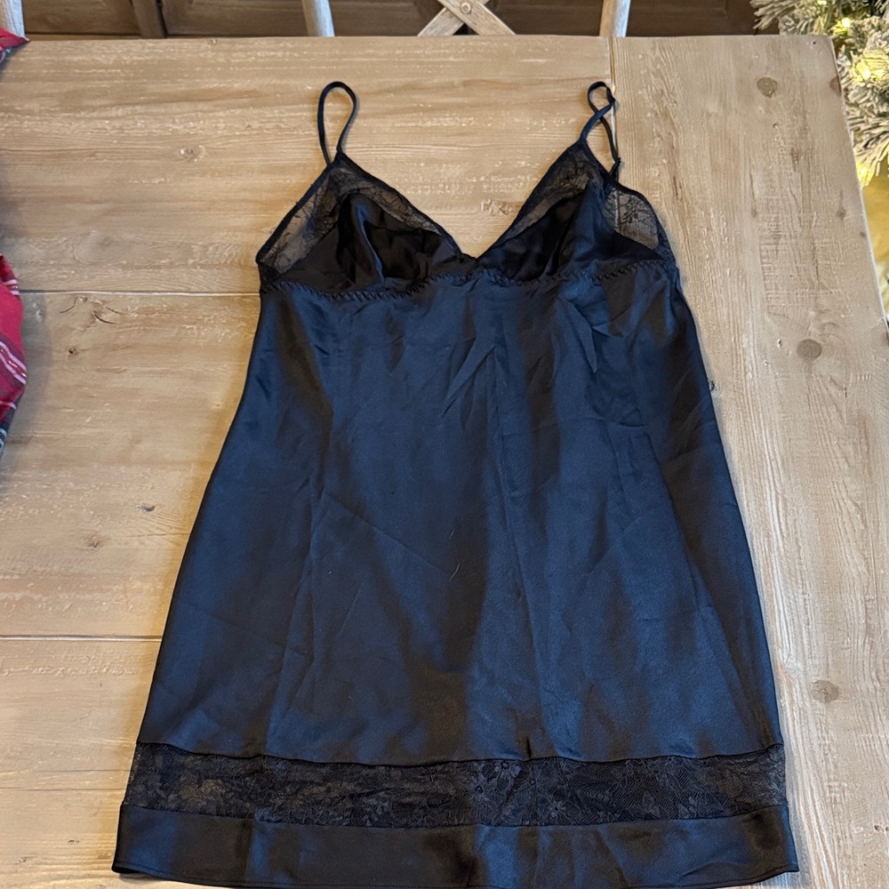 Victoria's Secret Black Satin Lace Trim Mini Slip Dress - Large - Like New